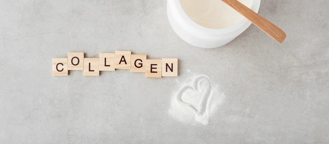 Collagen powder supplement for pregnancy skincare with text ‘Collagen’ on a grey surface