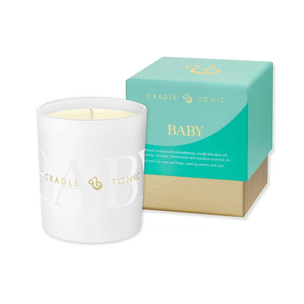 Mum and Baby Candle - New Mum Candle | Sleep, Calm, Glow in white glass jar with teal and gold gift box, ideal for gifting new mums.