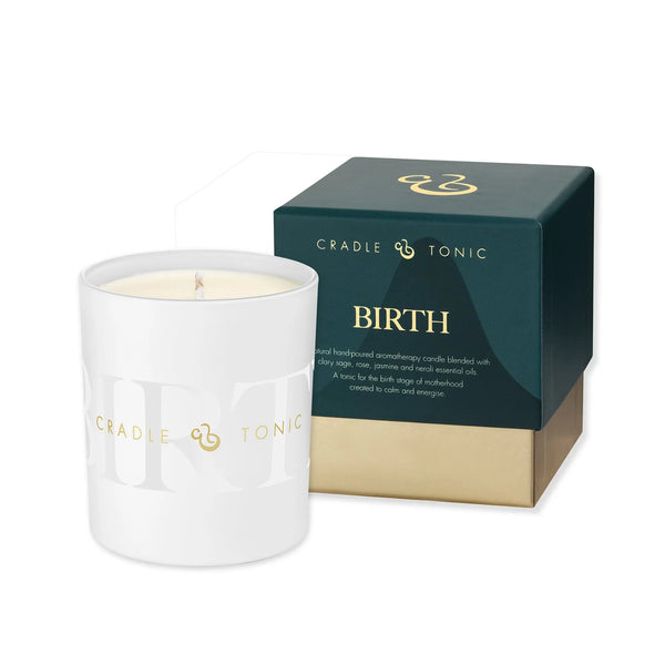 Birthing Candle for Labour by Cradle & Tonic in white glass jar with luxury box packaging, ideal for hypnobirthing and calming birth environments.