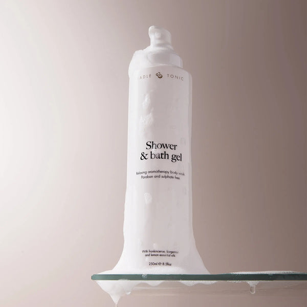 Pregnancy Safe Shower Gel bottle with foamy lather, designed for dry, sensitive skin. Sulphate-free body wash ideal for daily use during pregnancy.