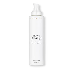 Pregnancy Safe Shower Gel by Cradle & Tonic, a gentle body wash for dry, sensitive skin in a white 250ml pump bottle, sulphate-free and naturally scented.