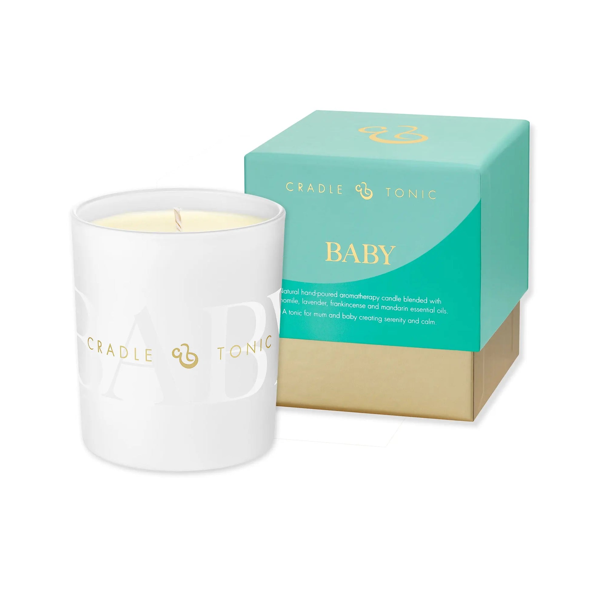 Mum and Baby Candle - New Mum Candle | Sleep, Calm, Glow in white glass jar with teal and gold gift box, ideal for gifting new mums.