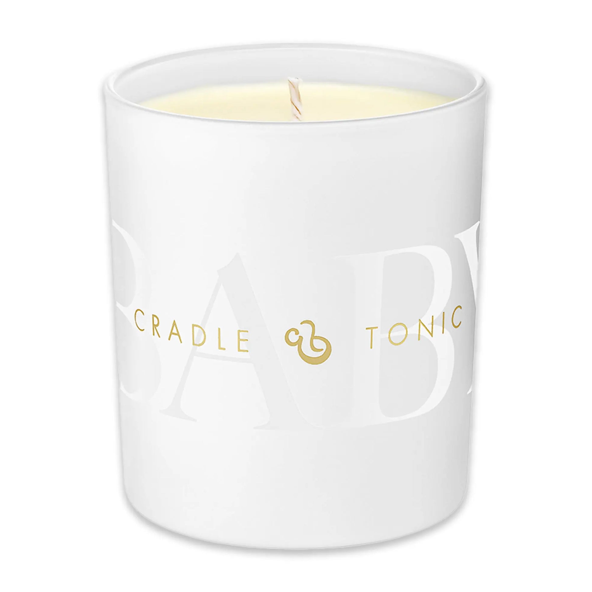 Cradle & Tonic Mum and Baby Candle in sleek white jar with gold logo, designed to promote calm and relaxation for new mothers.