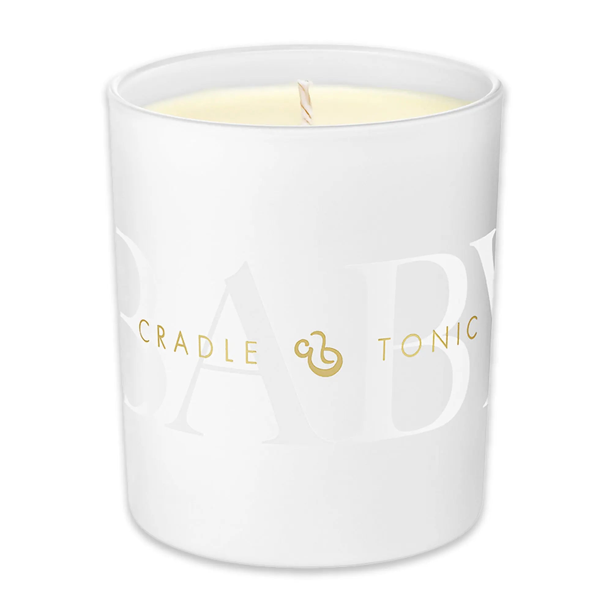 Cradle & Tonic Mum and Baby Candle in sleek white jar with gold logo, designed to promote calm and relaxation for new mothers.
