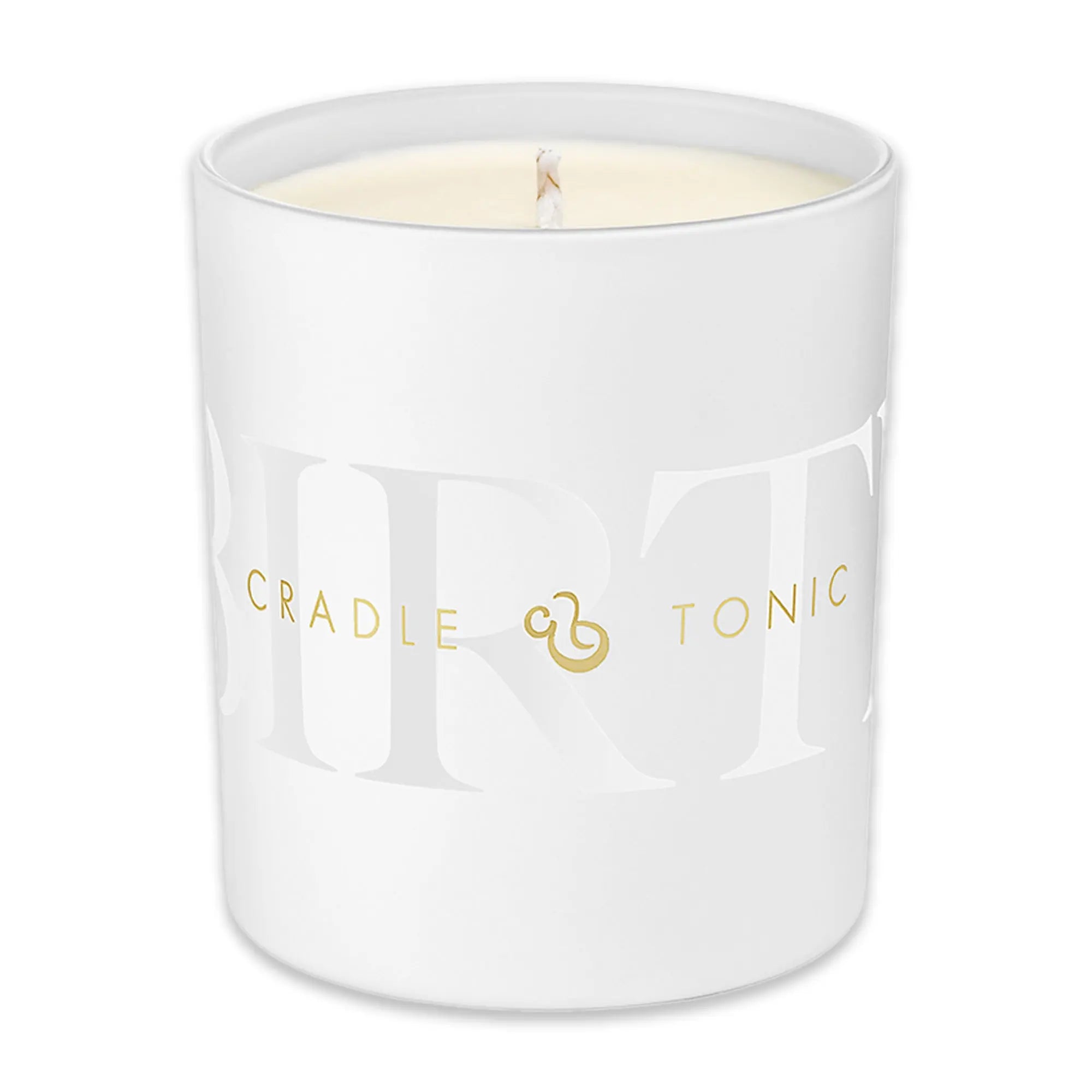 Close-up of Cradle & Tonic Birthing Candle in white jar with gold logo, infused with clary sage, rose, and jasmine for labour relaxation.