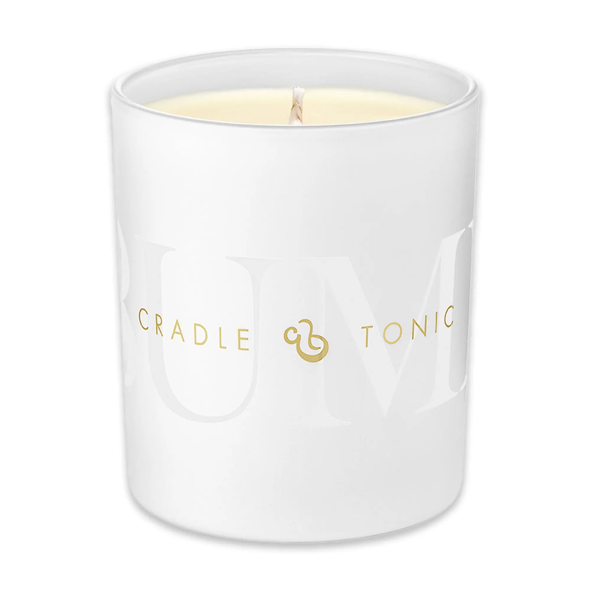Close-up of Cradle & Tonic Pregnancy Candle in white glass jar with gold logo, designed for safe and natural aromatherapy during pregnancy.