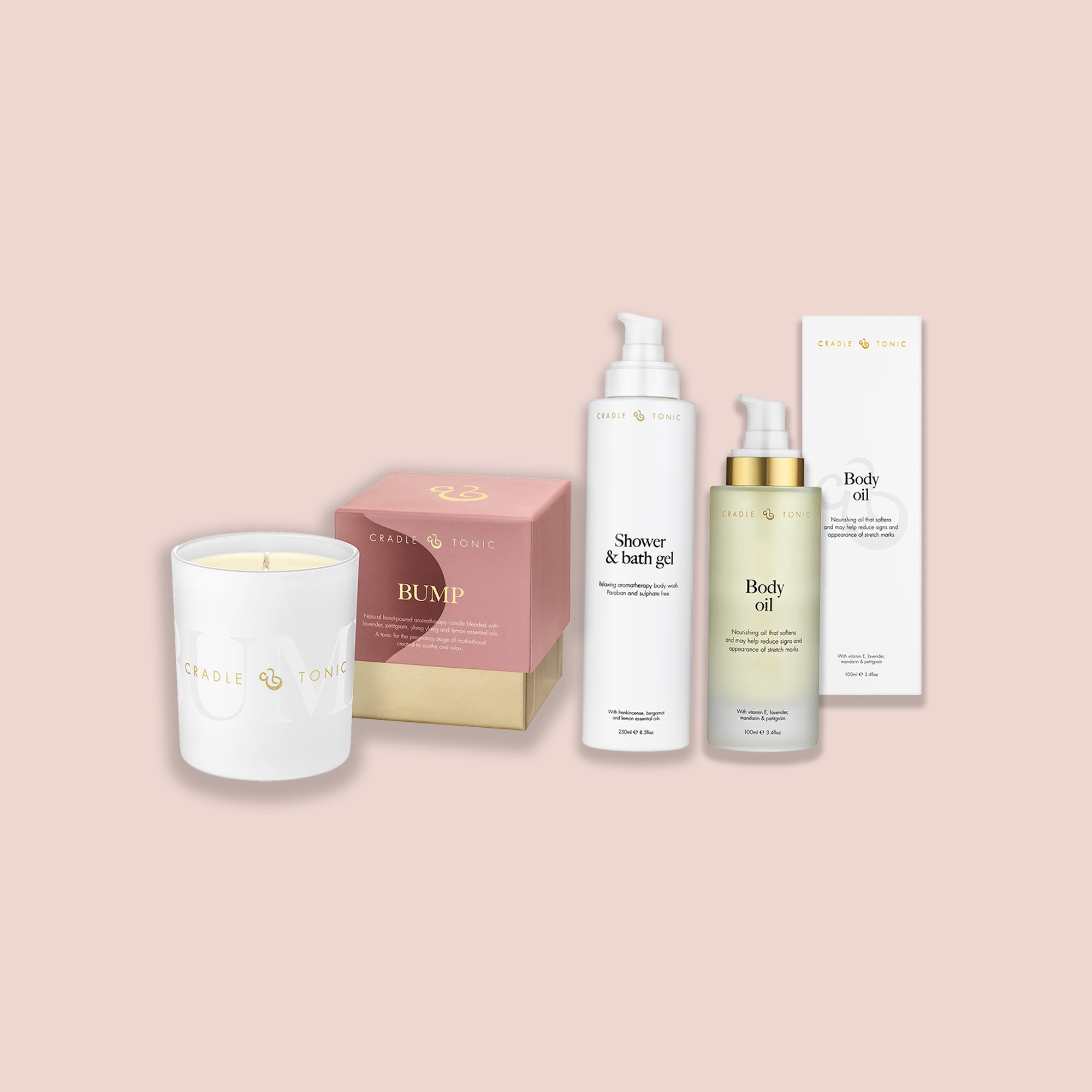 Luxury pregnancy gift set with stretch mark oil, bath gel and candle – safe skincare for pregnancy