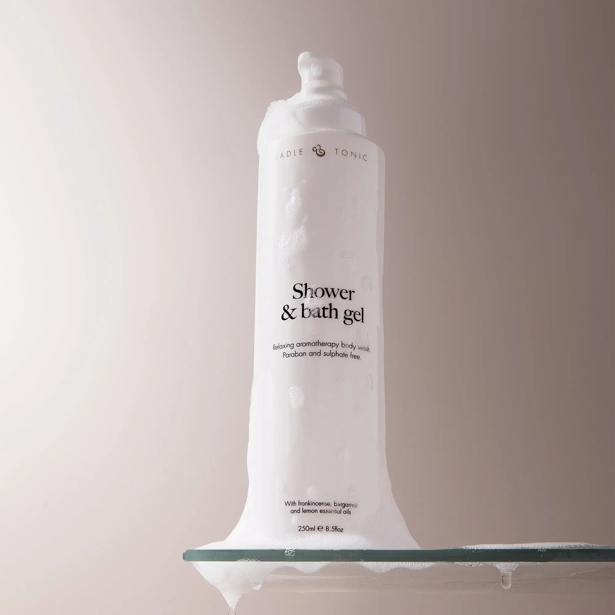 Pregnancy Safe Shower Gel bottle with foamy lather, designed for dry, sensitive skin. Sulphate-free body wash ideal for daily use during pregnancy.