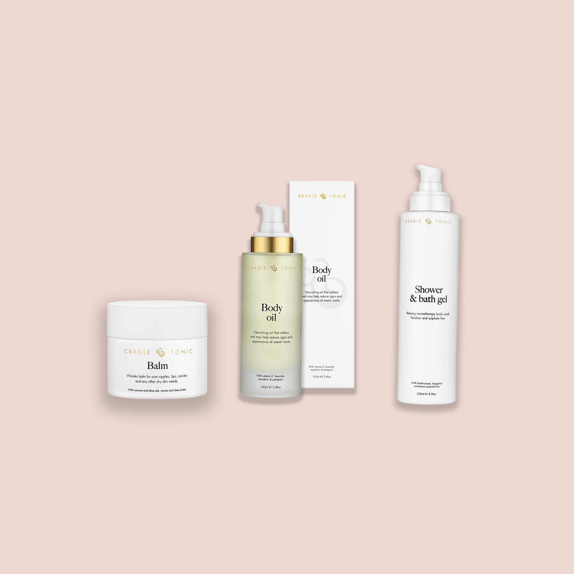 Natural pregnancy safe skincare products – nourishing body oil and hydrating balm