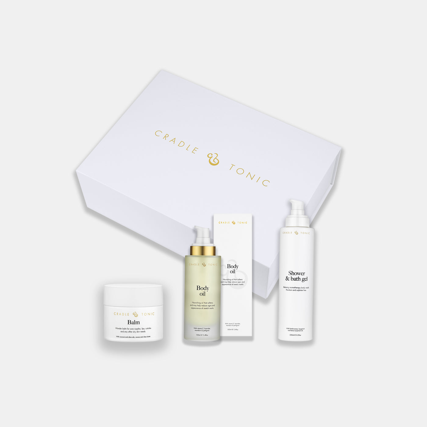 Pregnancy skincare gift set with body oil, bath gel, and balm – safe skincare for mums-to-be