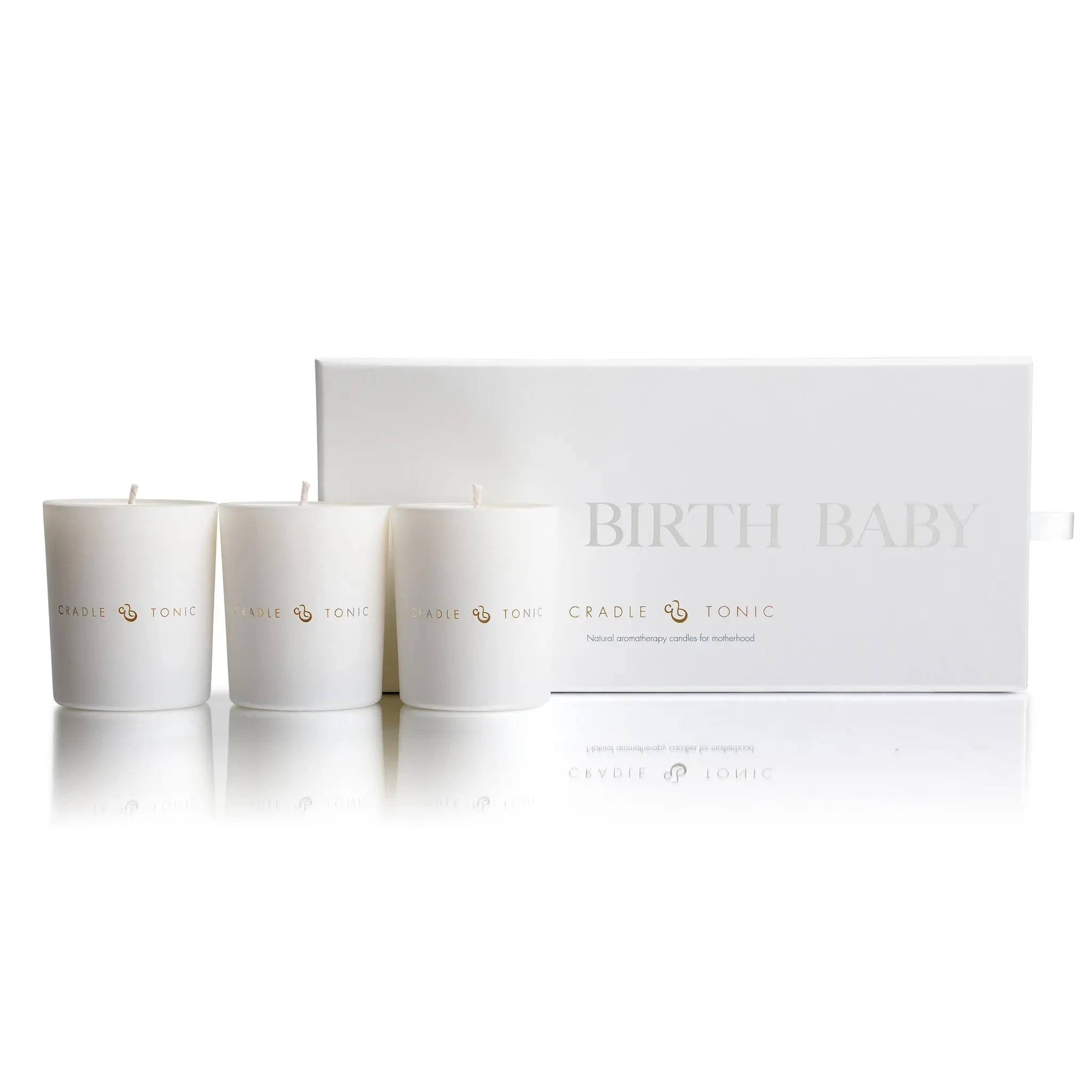 Mini Candle Gift Set - Baby Shower Gift Box with 3 white natural candles labeled Cradle & Tonic, ideal for expecting moms' relaxation.