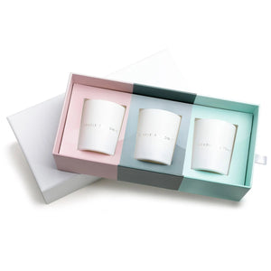 Open Mini Candle Gift Set - Baby Shower Gift Box showing 3 natural candles in pastel pink, grey, and teal compartments for motherhood care.